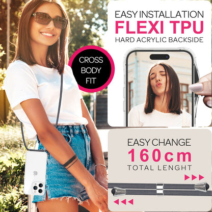 NALIA Handykette für iPhone 16 Pro Max – Transparentes Hybrid-Case & Band – HANGIT PRO (Anti-Gelb Rückseite & Verstellbar) – Marke aus Berlin