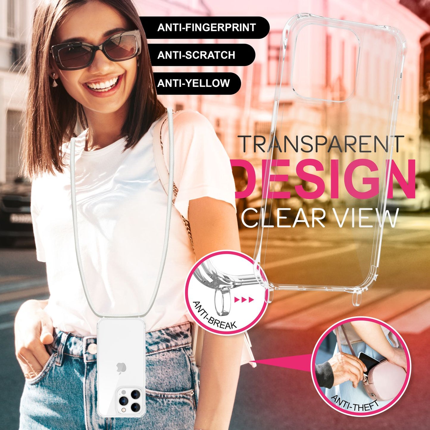 NALIA Handykette für iPhone 16 Pro Max – Transparentes Hybrid-Case & Band – HANGIT PRO (Anti-Gelb Rückseite & Verstellbar) – Marke aus Berlin