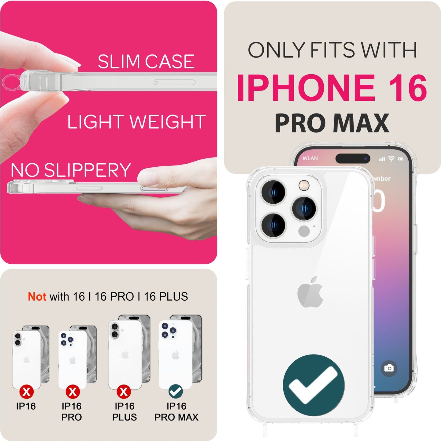 NALIA Handykette für iPhone 16 Pro Max – Transparentes Hybrid-Case & Band – HANGIT PRO (Anti-Gelb Rückseite & Verstellbar) – Marke aus Berlin