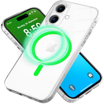 NALIA Neon-Ring Case für iPhone 16 – MagSafe Kompatibel & Nachleuchtend – NIGHT-GLOW (Transparent & Anti-Gelb) – Marke aus Berlin