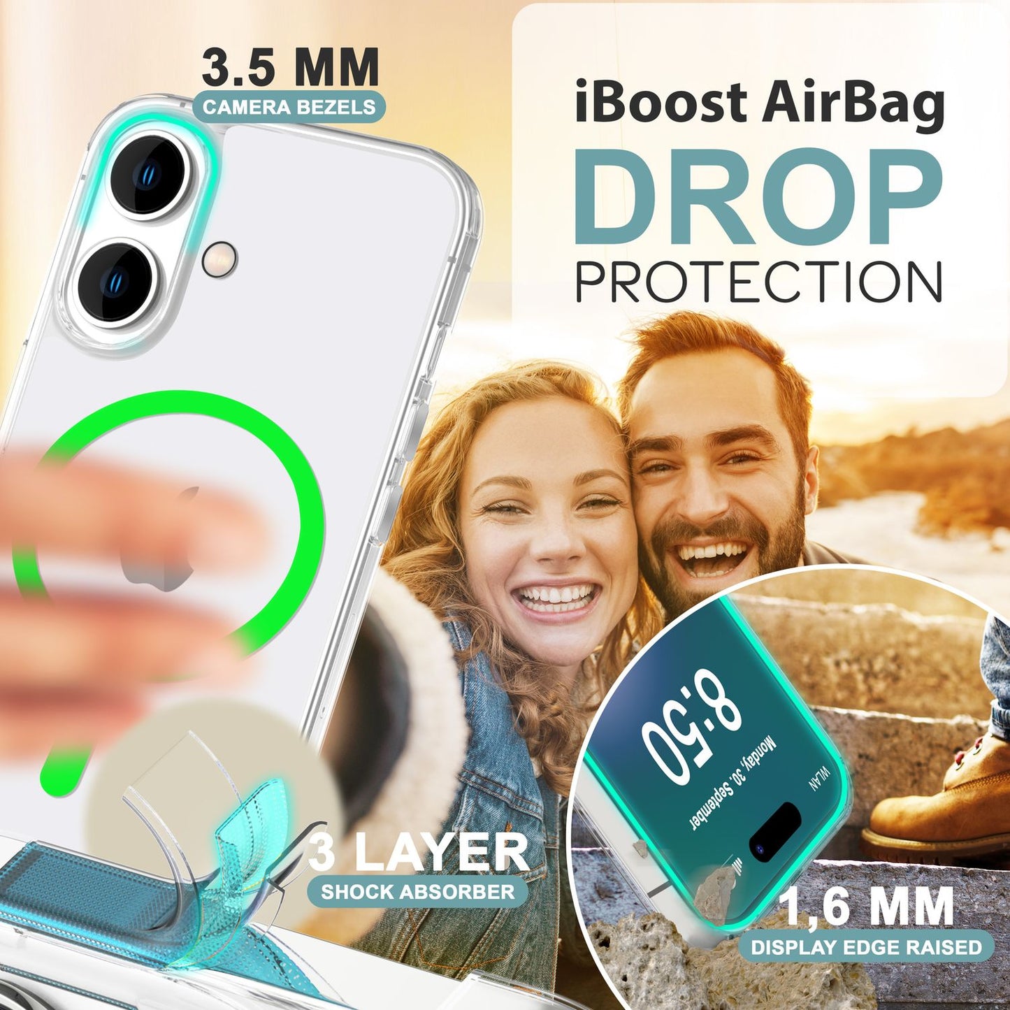 NALIA Neon-Ring Case für iPhone 16 – MagSafe Kompatibel & Nachleuchtend – NIGHT-GLOW (Transparent & Anti-Gelb) – Marke aus Berlin