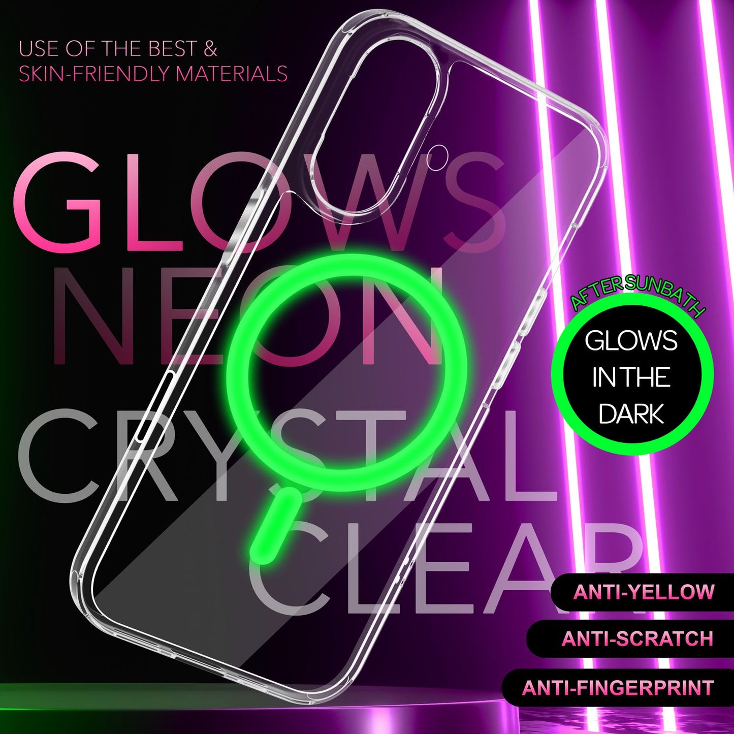 NALIA Neon-Ring Case für iPhone 16 – MagSafe Kompatibel & Nachleuchtend – NIGHT-GLOW (Transparent & Anti-Gelb) – Marke aus Berlin