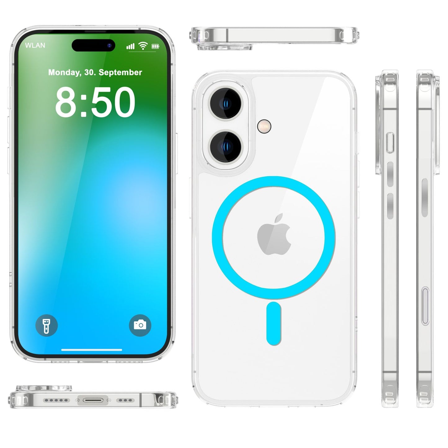 NALIA Neon-Ring Case für iPhone 16 – MagSafe Kompatibel & Nachleuchtend – NIGHT-GLOW (Transparent & Anti-Gelb) – Marke aus Berlin