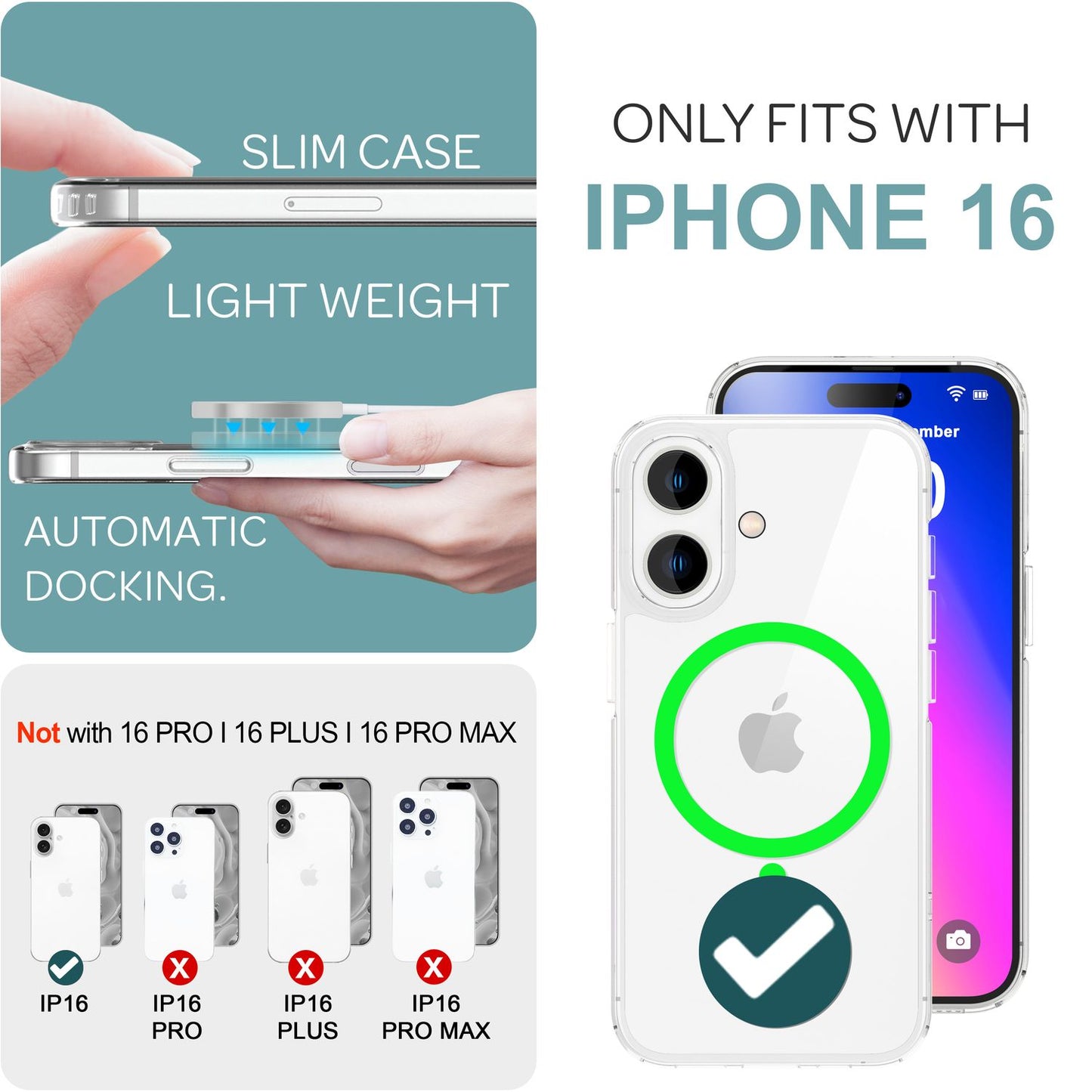 NALIA Neon-Ring Case für iPhone 16 – MagSafe Kompatibel & Nachleuchtend – NIGHT-GLOW (Transparent & Anti-Gelb) – Marke aus Berlin