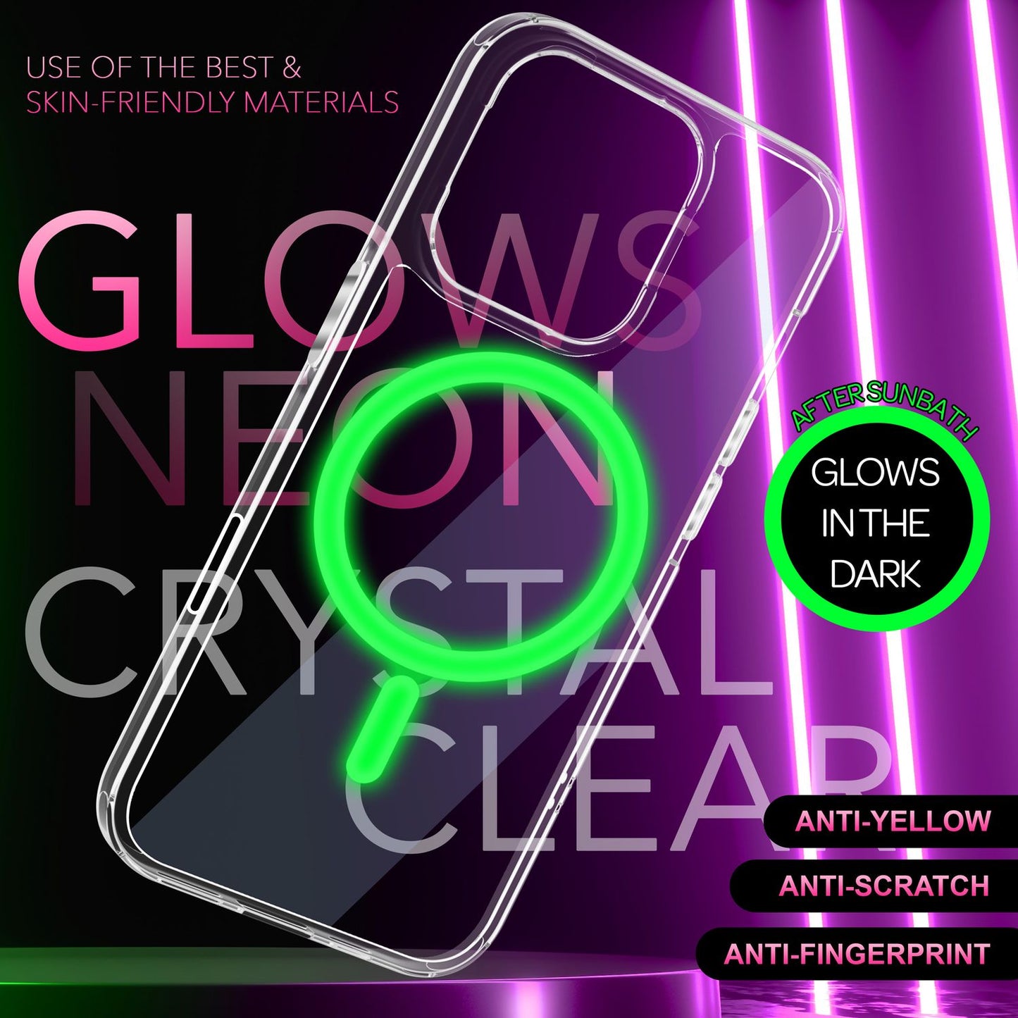 NALIA Neon-Ring Case für iPhone 16 Pro – MagSafe Kompatibel & Nachleuchtend – NIGHT-GLOW (Transparent & Anti-Gelb) – Marke aus Berlin