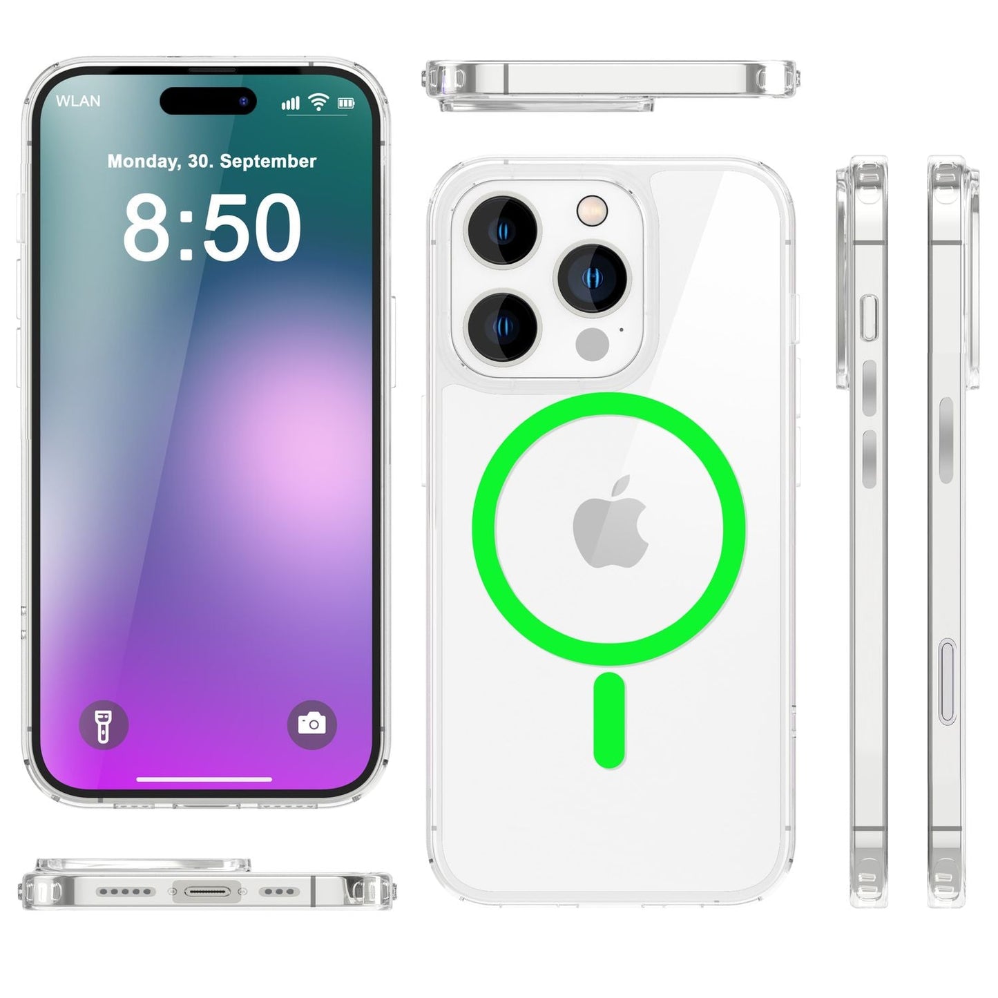 NALIA Neon-Ring Case für iPhone 16 Pro – MagSafe Kompatibel & Nachleuchtend – NIGHT-GLOW (Transparent & Anti-Gelb) – Marke aus Berlin