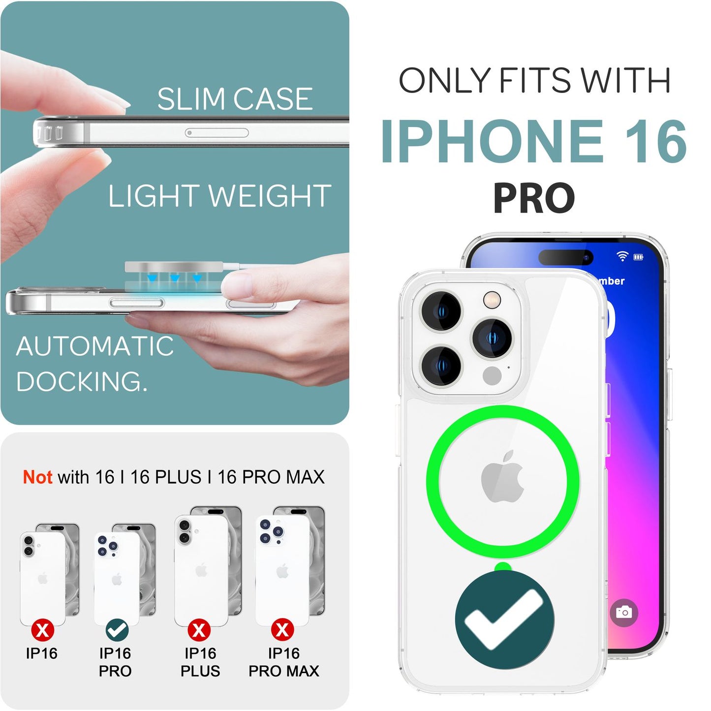 NALIA Neon-Ring Case für iPhone 16 Pro – MagSafe Kompatibel & Nachleuchtend – NIGHT-GLOW (Transparent & Anti-Gelb) – Marke aus Berlin