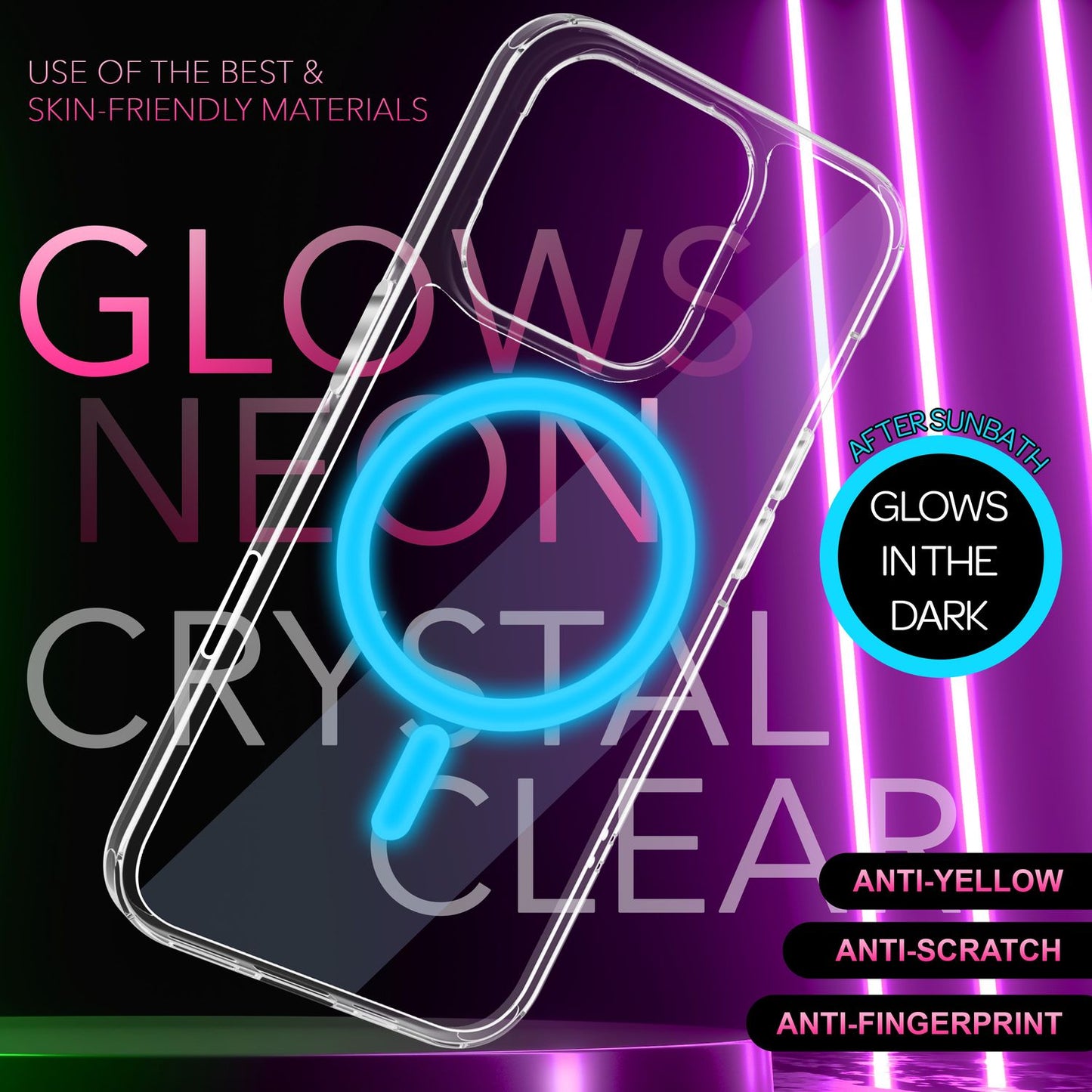 NALIA Neon-Ring Case für iPhone 16 Pro Max – MagSafe Kompatibel & Nachleuchtend – NIGHT-GLOW (Transparent & Anti-Gelb) – Marke aus Berlin