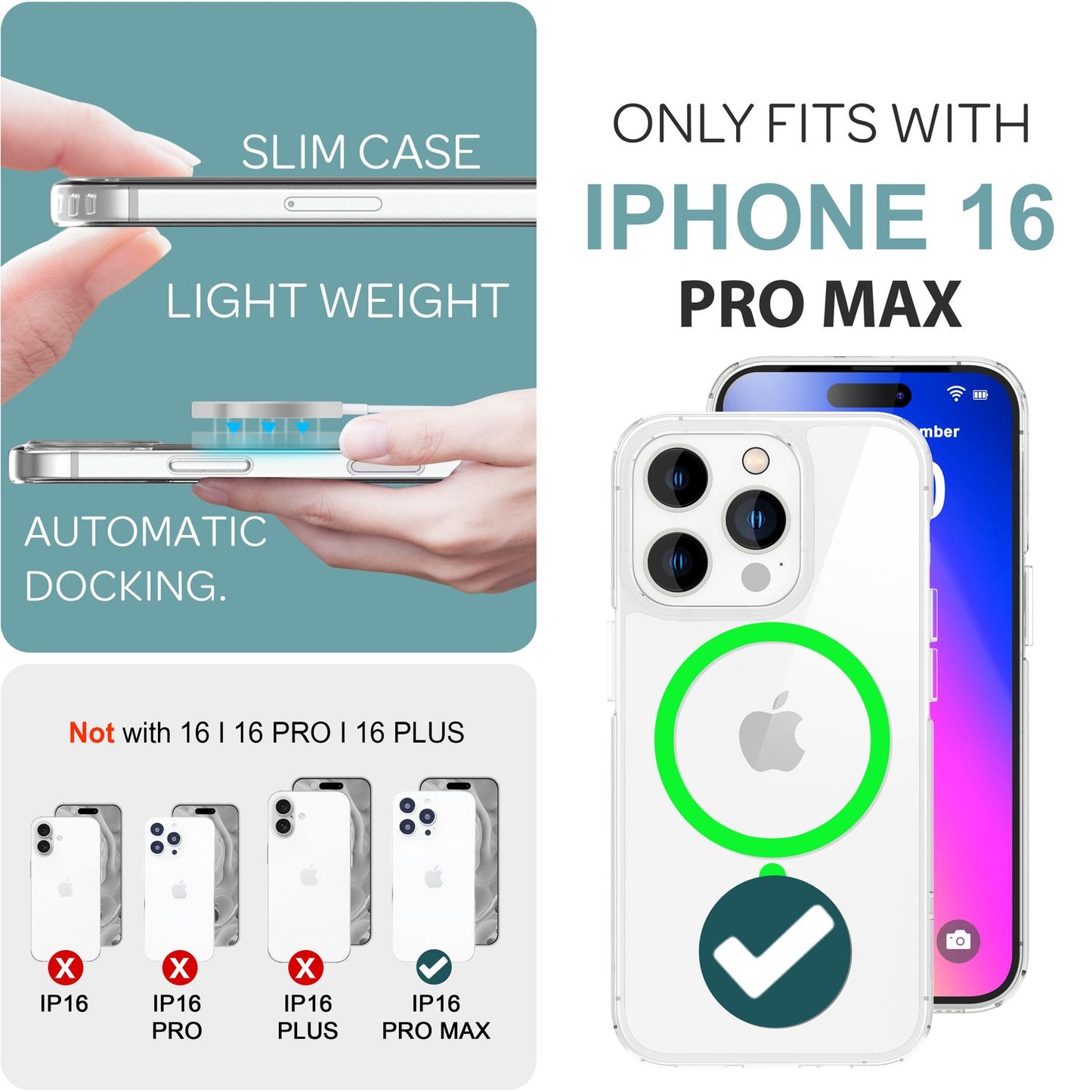 NALIA Neon-Ring Case für iPhone 16 Pro Max – MagSafe Kompatibel & Nachleuchtend – NIGHT-GLOW (Transparent & Anti-Gelb) – Marke aus Berlin