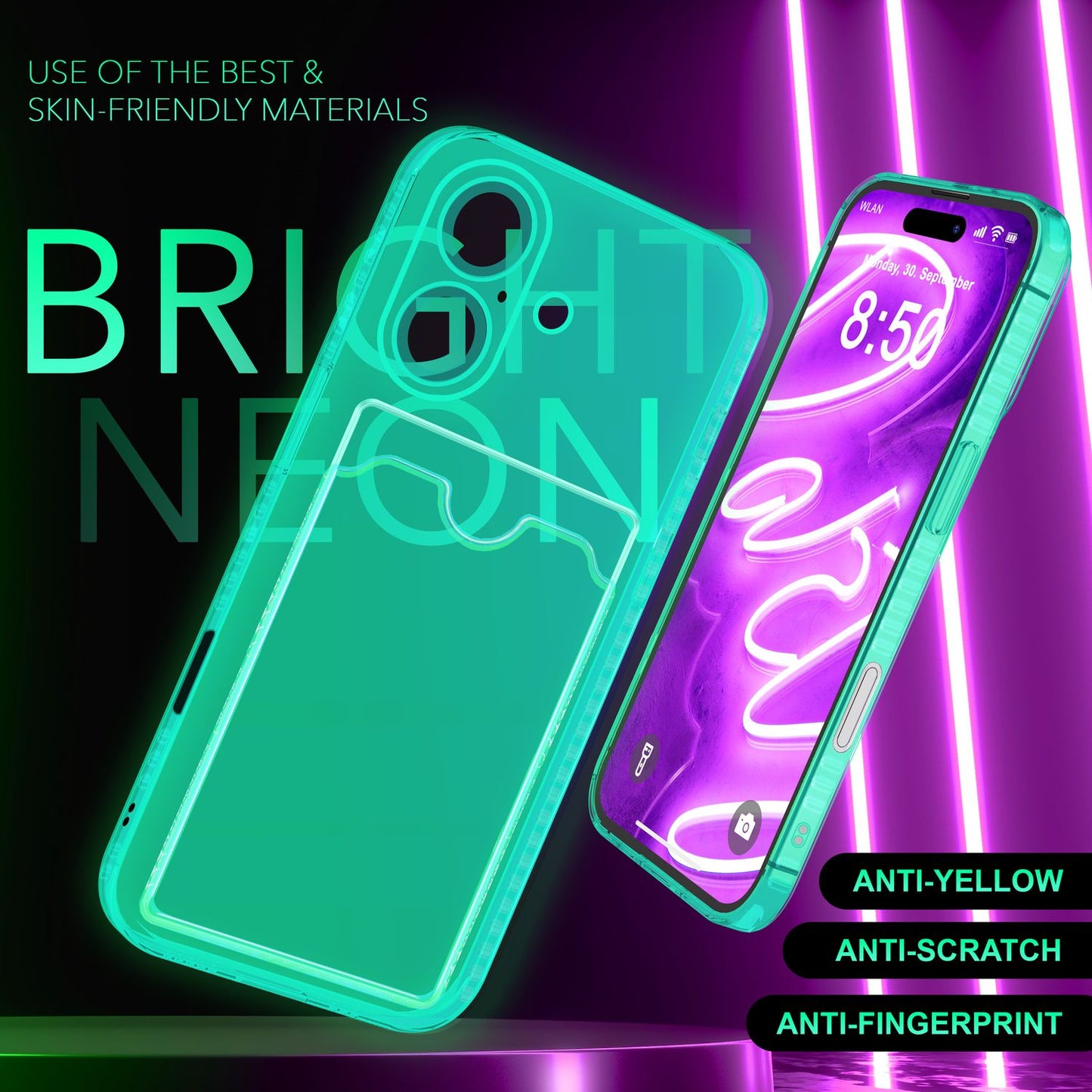 NALIA Neon Silikonhülle für iPhone 16 – Kartenfach & Knallige Signal-Farbe – CARDPOP (Anti-Shock Handyhülle) – Marke aus Berlin
