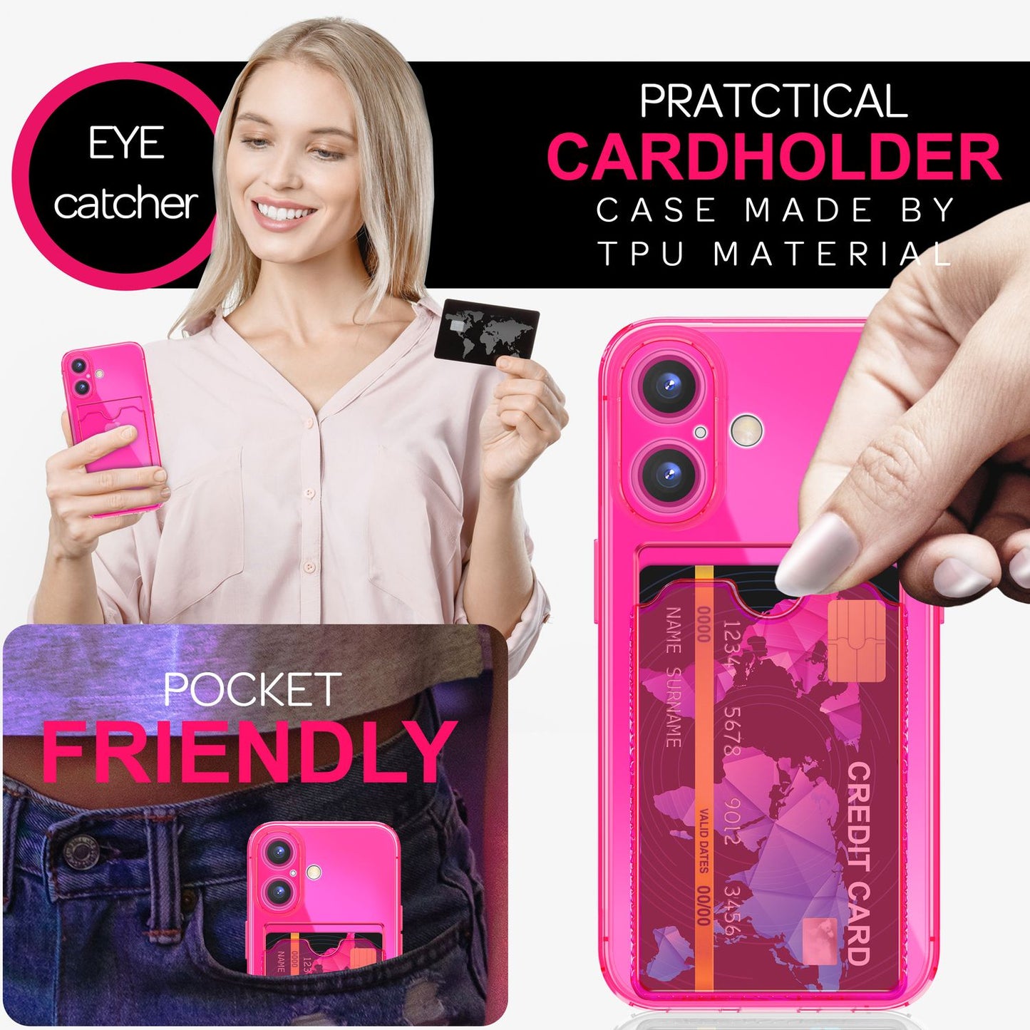 NALIA Neon Silikonhülle für iPhone 16 – Kartenfach & Knallige Signal-Farbe – CARDPOP (Anti-Shock Handyhülle) – Marke aus Berlin