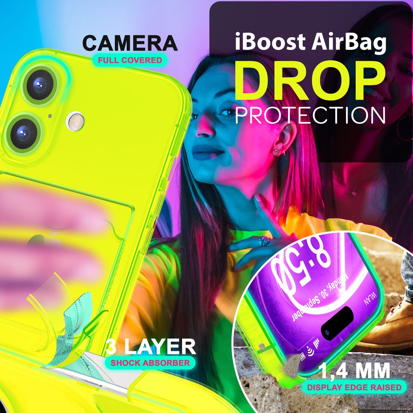 NALIA Neon Silikonhülle für iPhone 16 – Kartenfach & Knallige Signal-Farbe – CARDPOP (Anti-Shock Handyhülle) – Marke aus Berlin