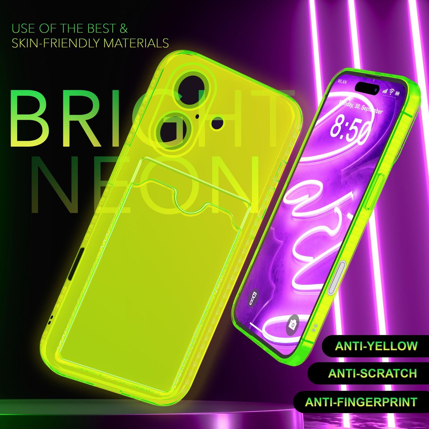 NALIA Neon Silikonhülle für iPhone 16 – Kartenfach & Knallige Signal-Farbe – CARDPOP (Anti-Shock Handyhülle) – Marke aus Berlin