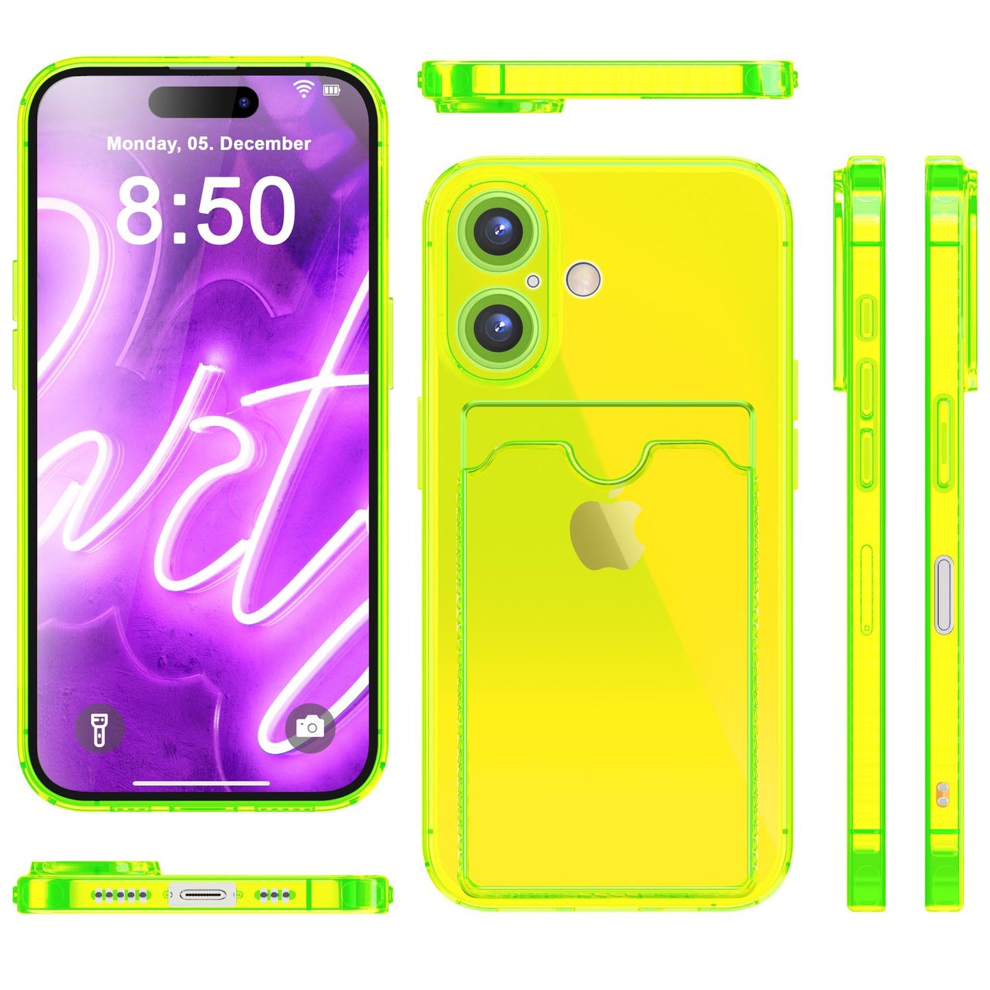 NALIA Neon Silikonhülle für iPhone 16 – Kartenfach & Knallige Signal-Farbe – CARDPOP (Anti-Shock Handyhülle) – Marke aus Berlin