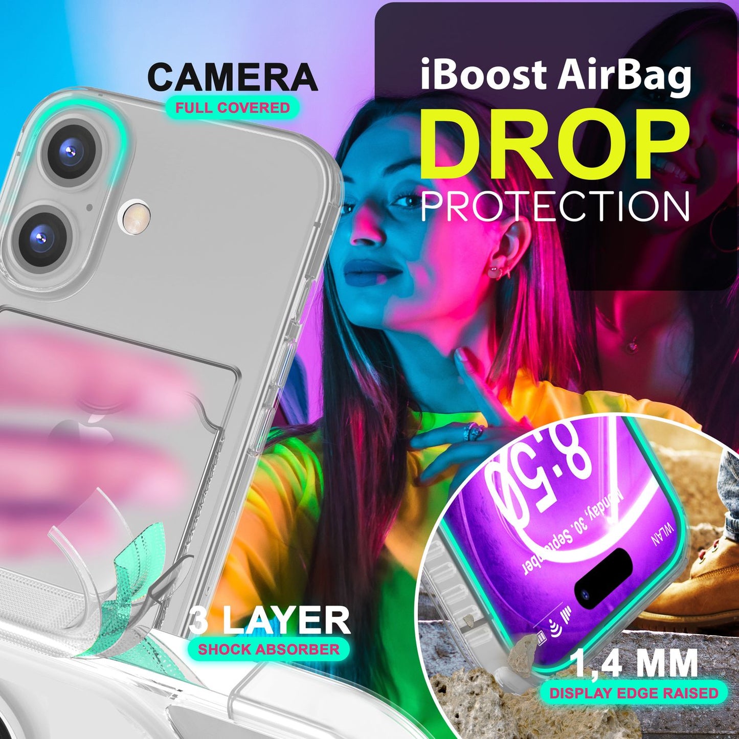NALIA Neon Silikonhülle für iPhone 16 – Kartenfach & Knallige Signal-Farbe – CARDPOP (Anti-Shock Handyhülle) – Marke aus Berlin