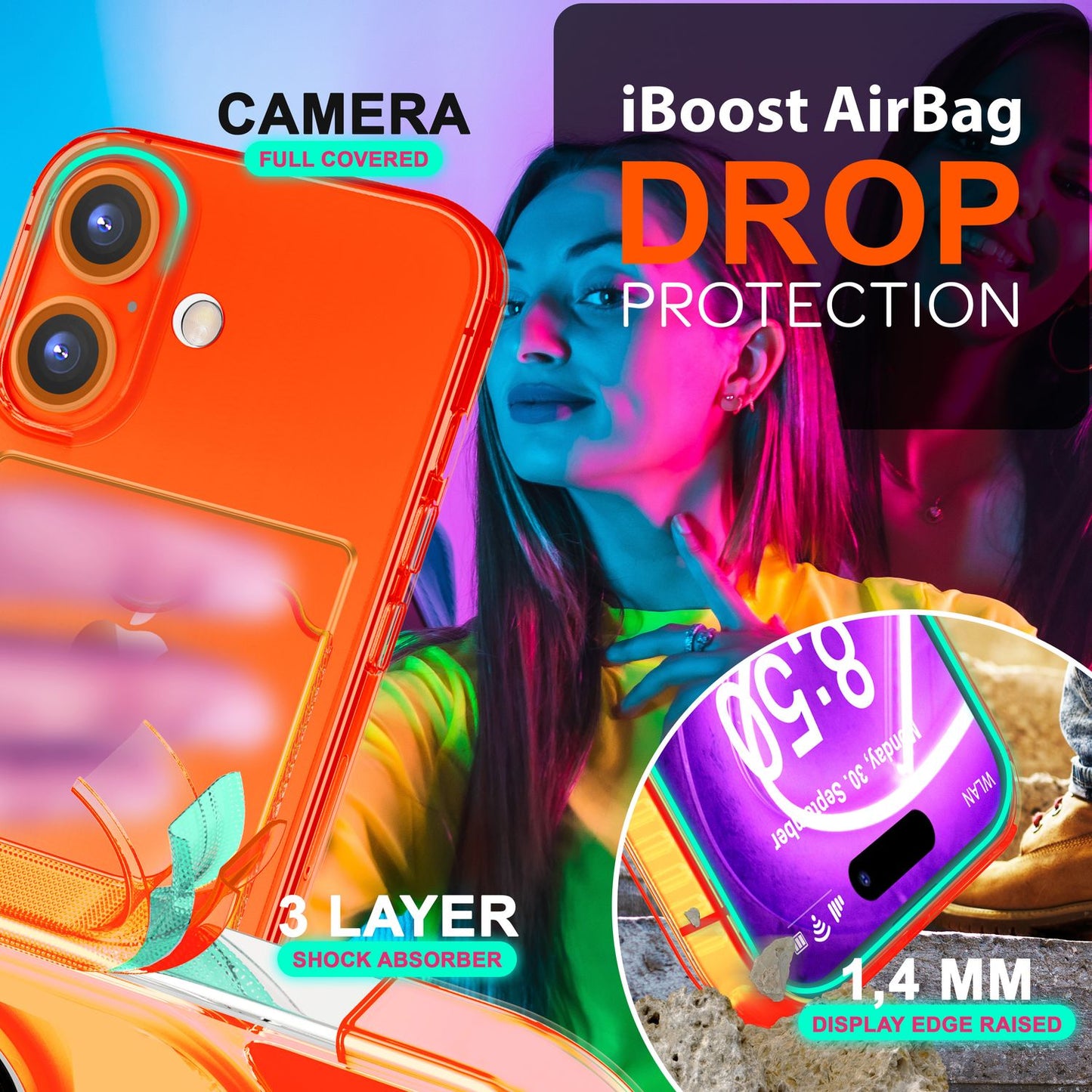 NALIA Neon Silikonhülle für iPhone 16 – Kartenfach & Knallige Signal-Farbe – CARDPOP (Anti-Shock Handyhülle) – Marke aus Berlin