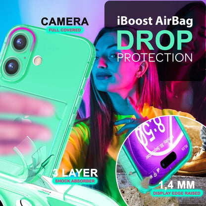 NALIA Neon Silikonhülle für iPhone 16 Plus – Kartenfach & Knallige Signal-Farbe – CARDPOP (Anti-Shock Handyhülle) – Marke aus Berlin