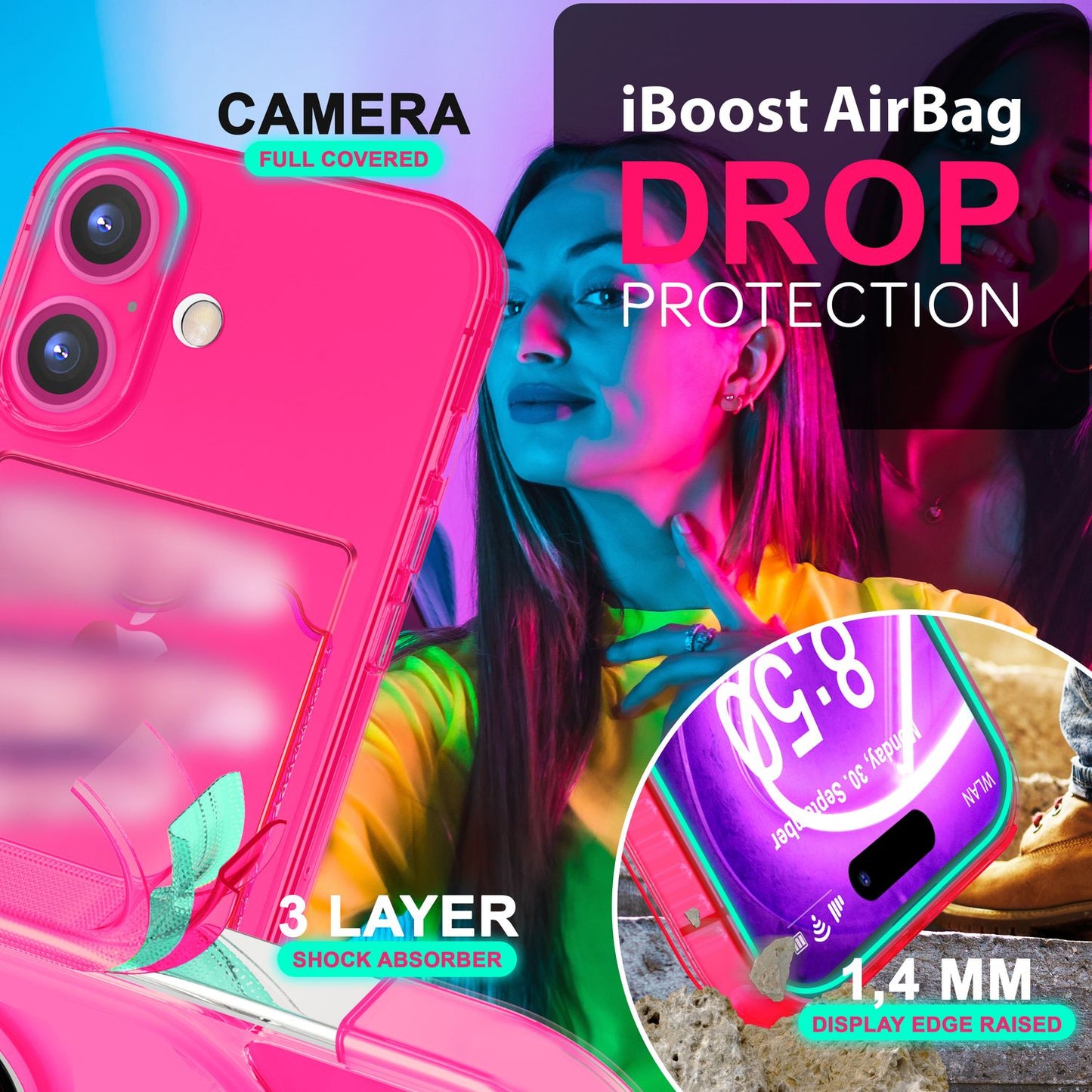 NALIA Neon Silikonhülle für iPhone 16 Plus – Kartenfach & Knallige Signal-Farbe – CARDPOP (Anti-Shock Handyhülle) – Marke aus Berlin