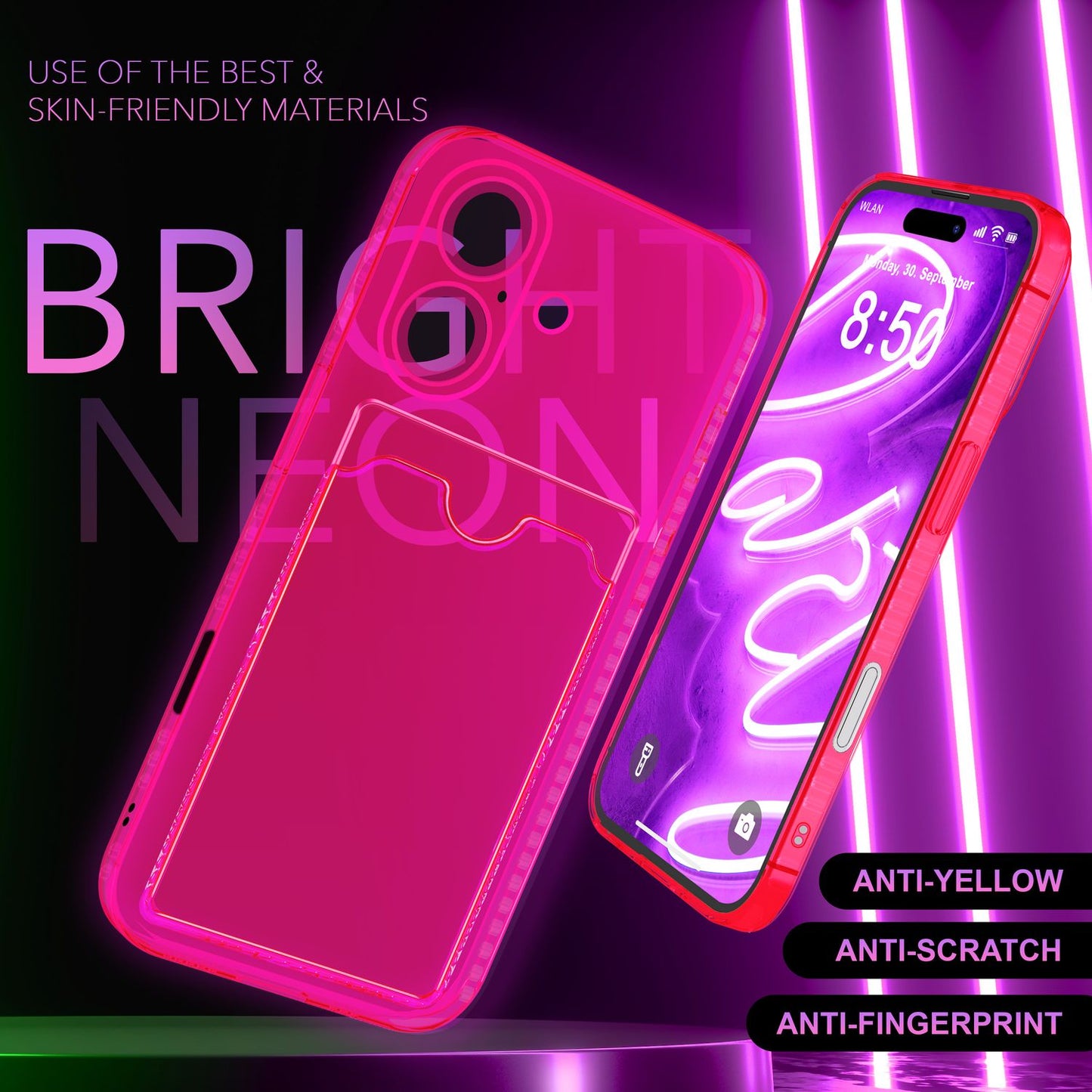 NALIA Neon Silikonhülle für iPhone 16 Plus – Kartenfach & Knallige Signal-Farbe – CARDPOP (Anti-Shock Handyhülle) – Marke aus Berlin