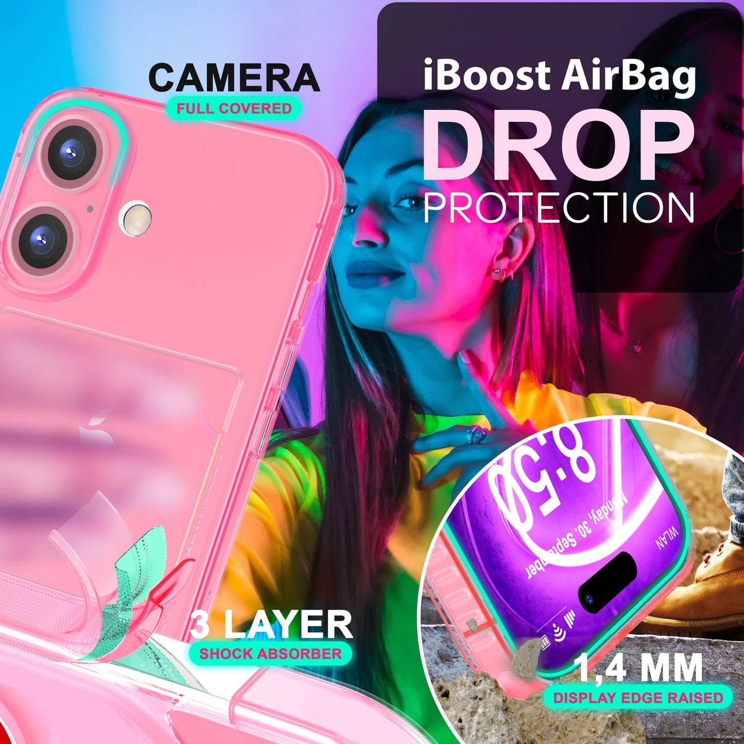 NALIA Neon Silikonhülle für iPhone 16 Plus – Kartenfach & Knallige Signal-Farbe – CARDPOP (Anti-Shock Handyhülle) – Marke aus Berlin