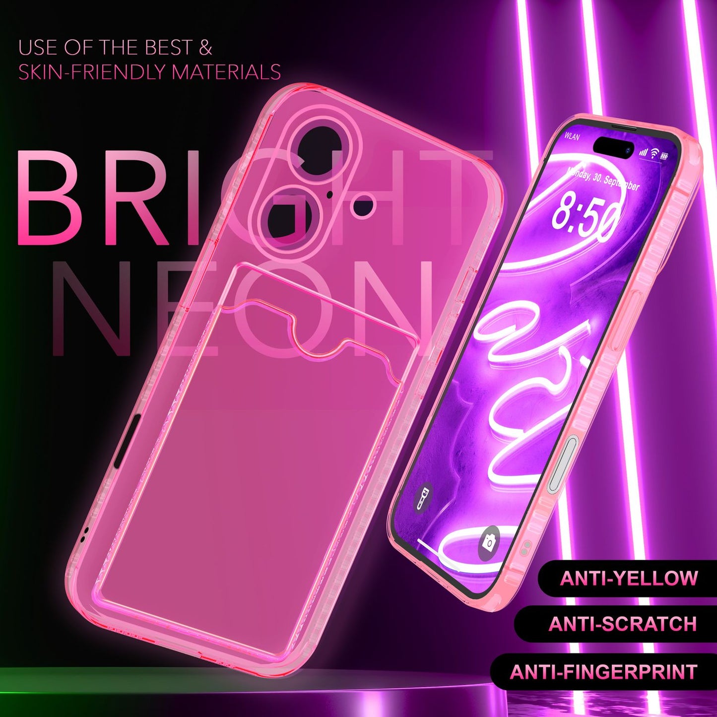 NALIA Neon Silikonhülle für iPhone 16 Plus – Kartenfach & Knallige Signal-Farbe – CARDPOP (Anti-Shock Handyhülle) – Marke aus Berlin