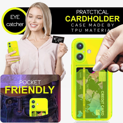 NALIA Neon Silikonhülle für iPhone 16 Plus – Kartenfach & Knallige Signal-Farbe – CARDPOP (Anti-Shock Handyhülle) – Marke aus Berlin