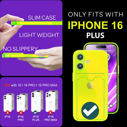 NALIA Neon Silikonhülle für iPhone 16 Plus – Kartenfach & Knallige Signal-Farbe – CARDPOP (Anti-Shock Handyhülle) – Marke aus Berlin
