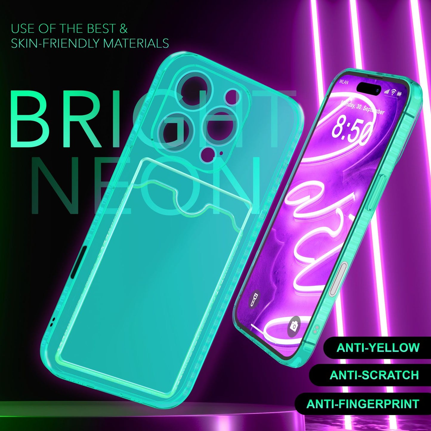 NALIA Neon Silikonhülle für iPhone 16 Pro – Kartenfach & Knallige Signal-Farbe – CARDPOP (Anti-Shock Handyhülle) – Marke aus Berlin