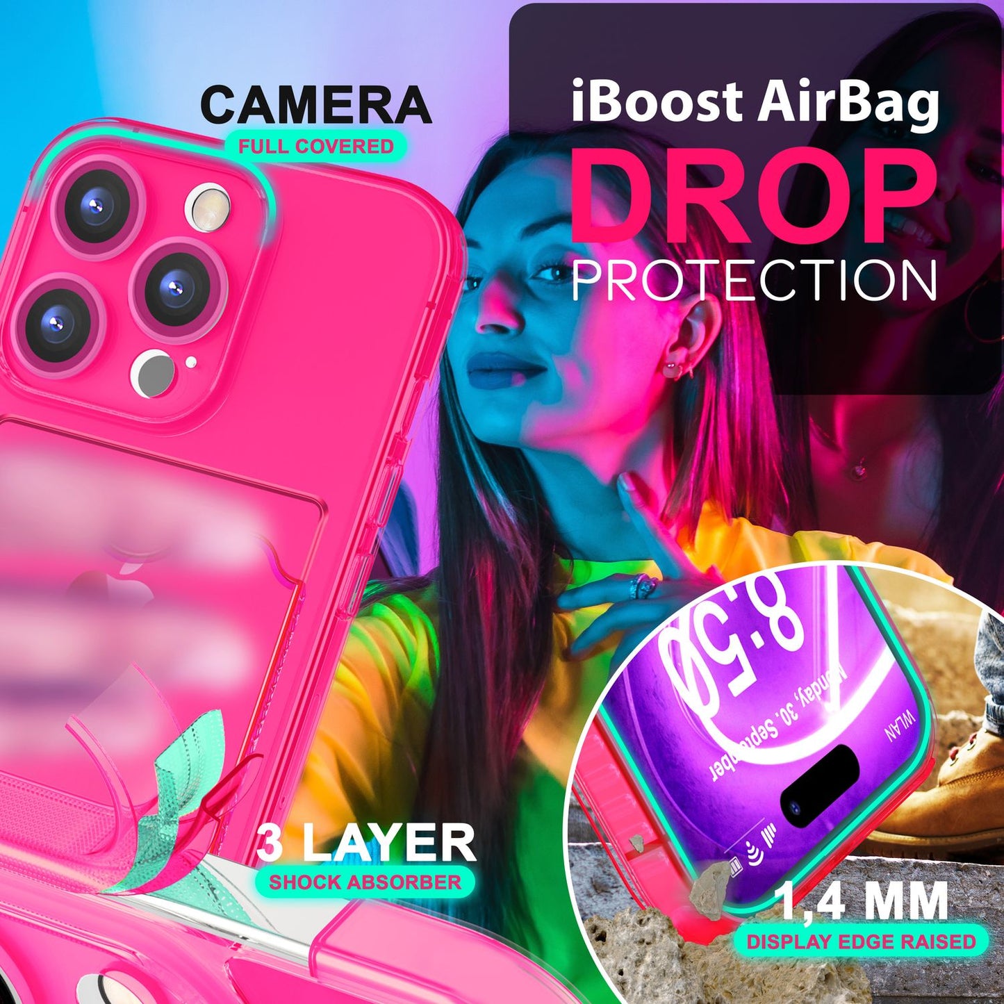 NALIA Neon Silikonhülle für iPhone 16 Pro – Kartenfach & Knallige Signal-Farbe – CARDPOP (Anti-Shock Handyhülle) – Marke aus Berlin