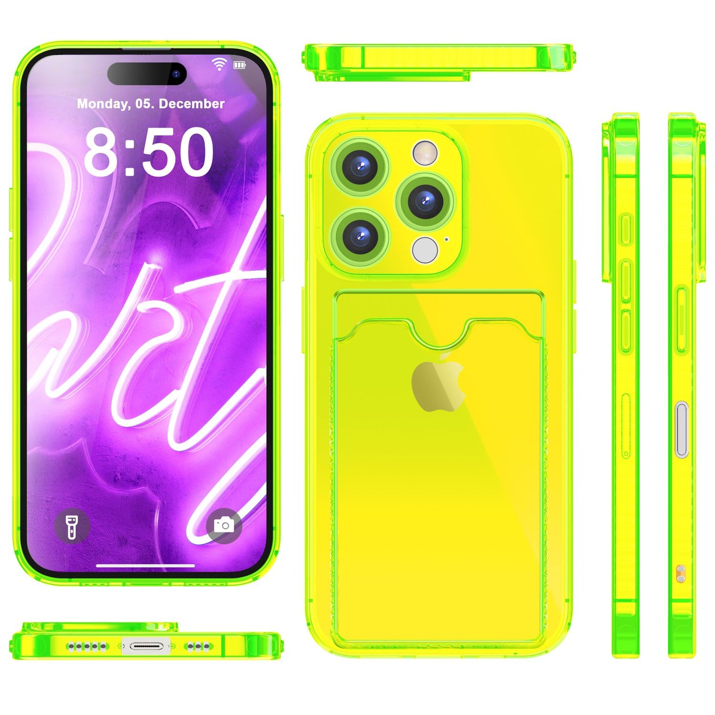 NALIA Neon Silikonhülle für iPhone 16 Pro – Kartenfach & Knallige Signal-Farbe – CARDPOP (Anti-Shock Handyhülle) – Marke aus Berlin