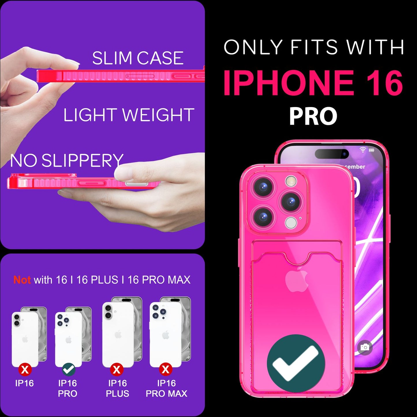 NALIA Neon Silikonhülle für iPhone 16 Pro – Kartenfach & Knallige Signal-Farbe – CARDPOP (Anti-Shock Handyhülle) – Marke aus Berlin