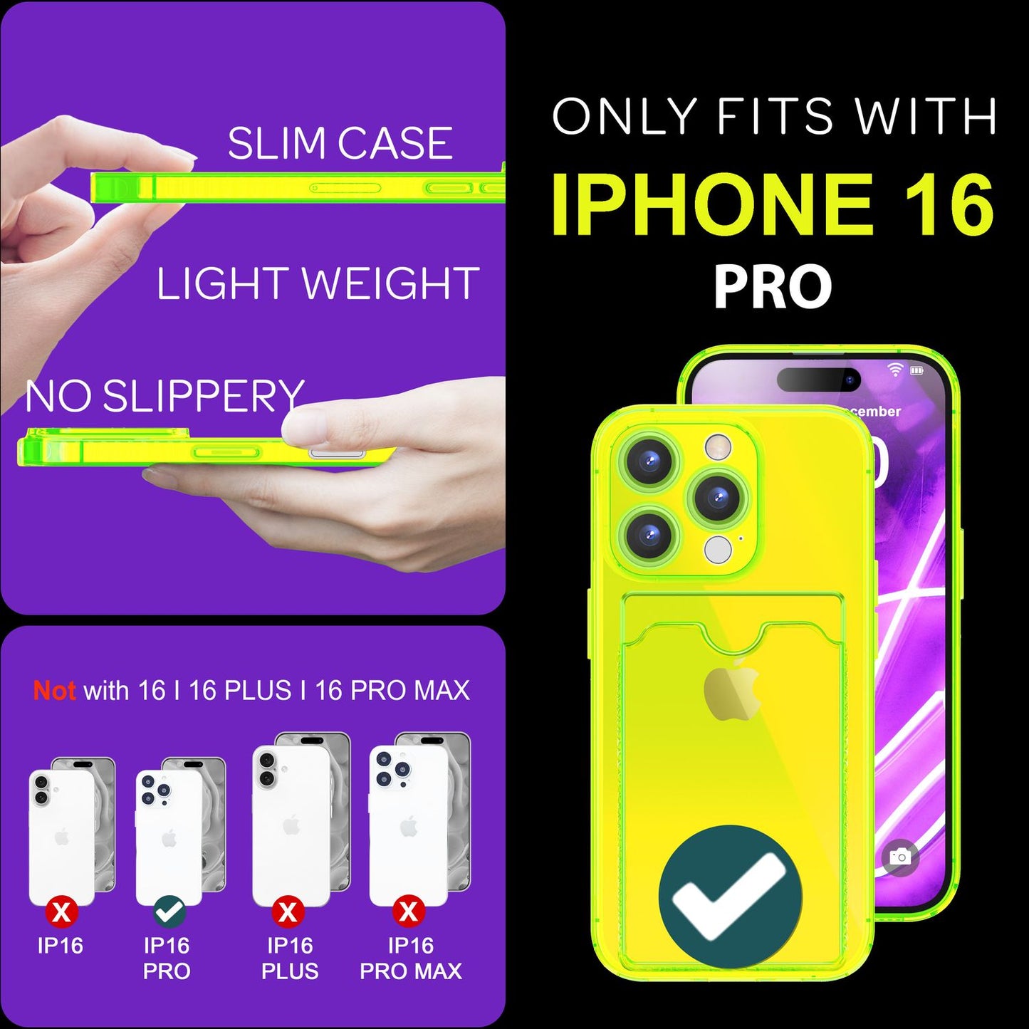 NALIA Neon Silikonhülle für iPhone 16 Pro – Kartenfach & Knallige Signal-Farbe – CARDPOP (Anti-Shock Handyhülle) – Marke aus Berlin