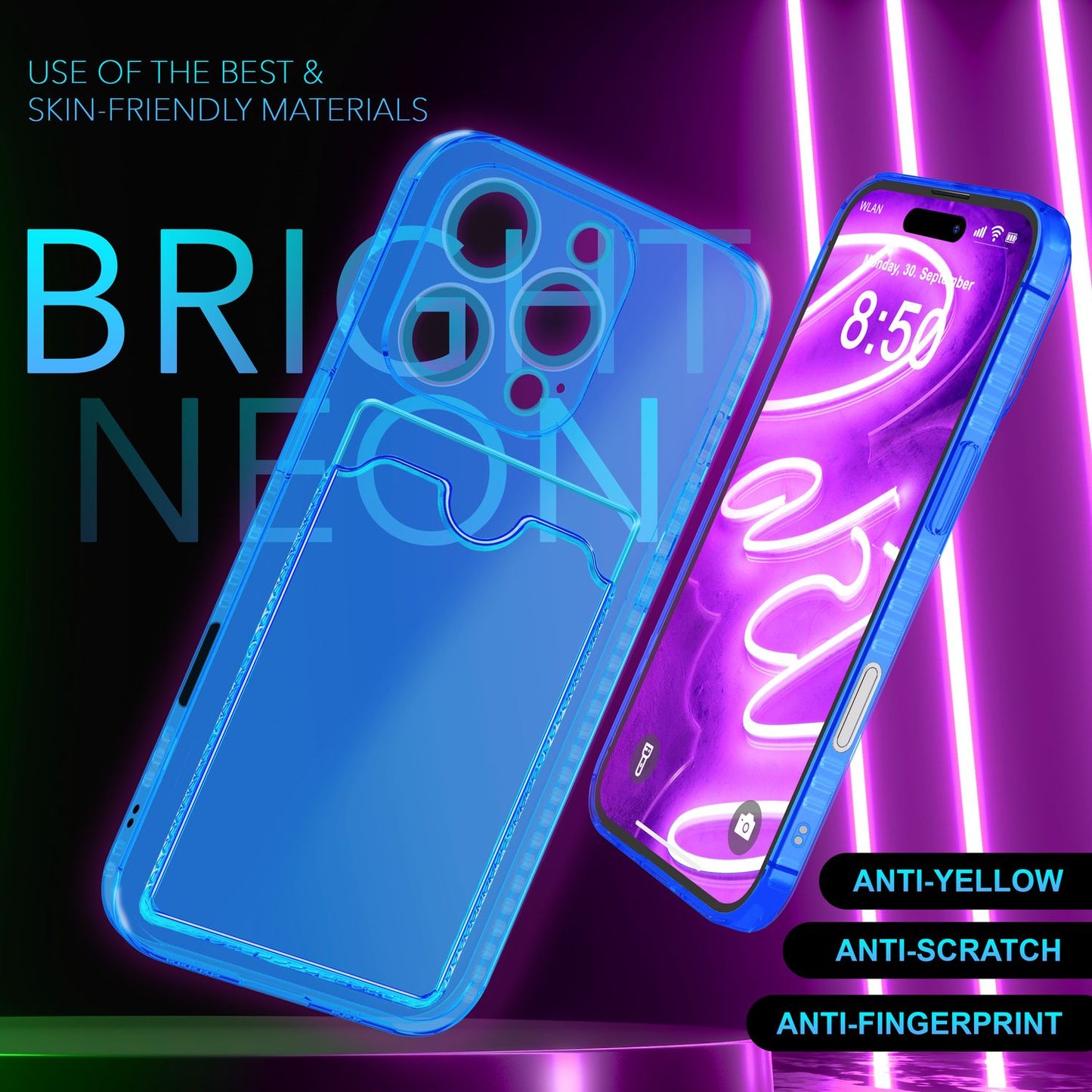 NALIA Neon Silikonhülle für iPhone 16 Pro Max – Kartenfach & Knallige Signal-Farbe – CARDPOP (Anti-Shock Handyhülle) – Marke aus Berlin