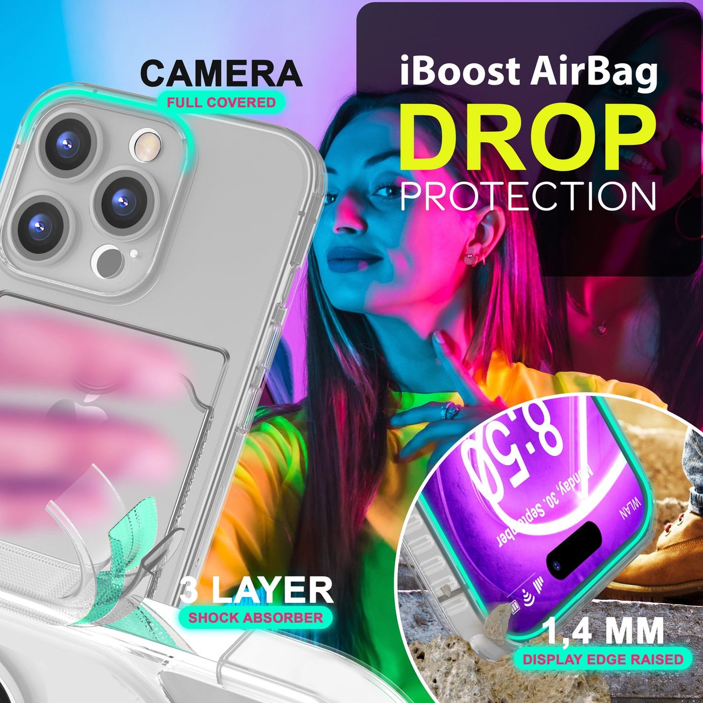 NALIA Neon Silikonhülle für iPhone 16 Pro Max – Kartenfach & Knallige Signal-Farbe – CARDPOP (Anti-Shock Handyhülle) – Marke aus Berlin