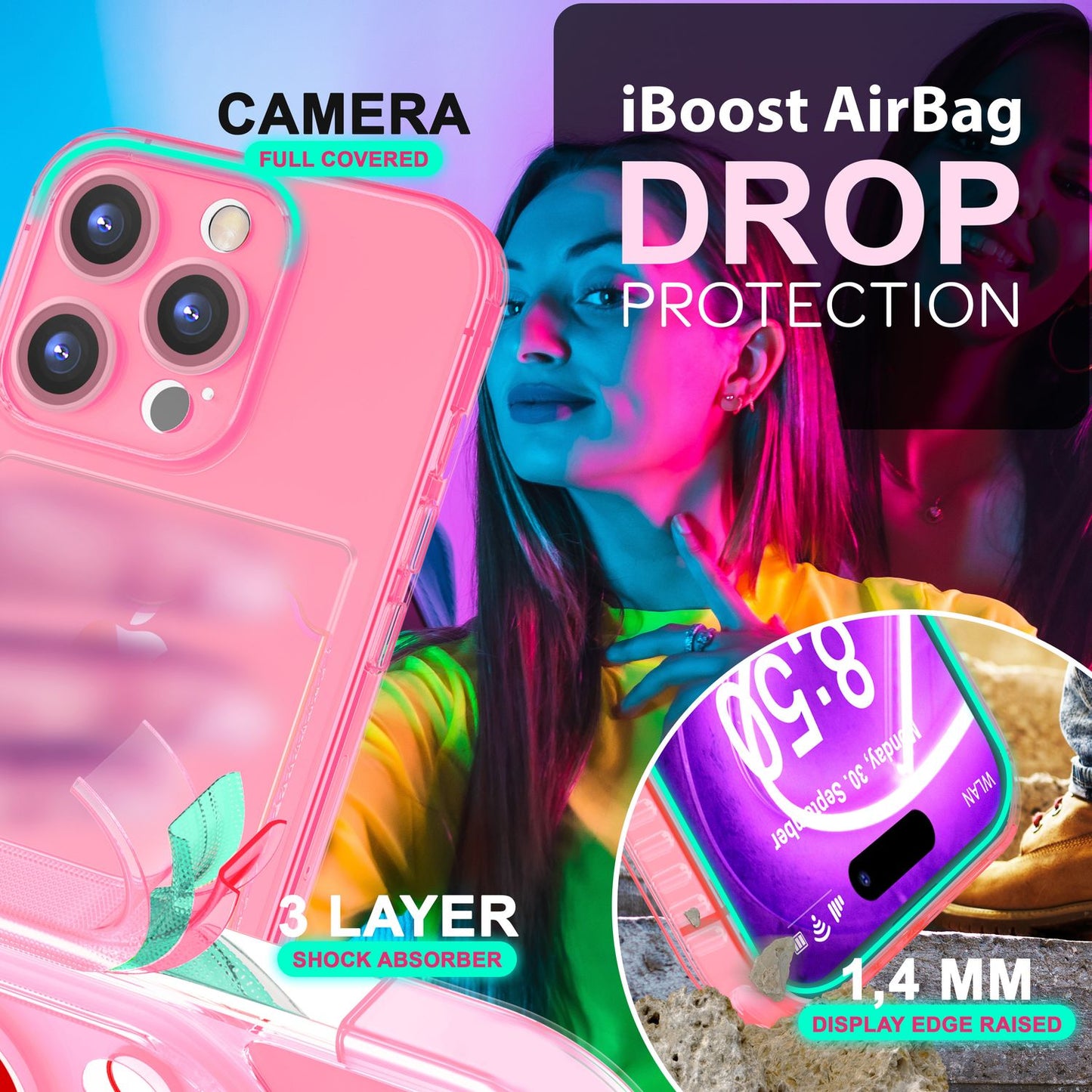 NALIA Neon Silikonhülle für iPhone 16 Pro Max – Kartenfach & Knallige Signal-Farbe – CARDPOP (Anti-Shock Handyhülle) – Marke aus Berlin
