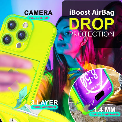 NALIA Neon Silikonhülle für iPhone 16 Pro Max – Kartenfach & Knallige Signal-Farbe – CARDPOP (Anti-Shock Handyhülle) – Marke aus Berlin