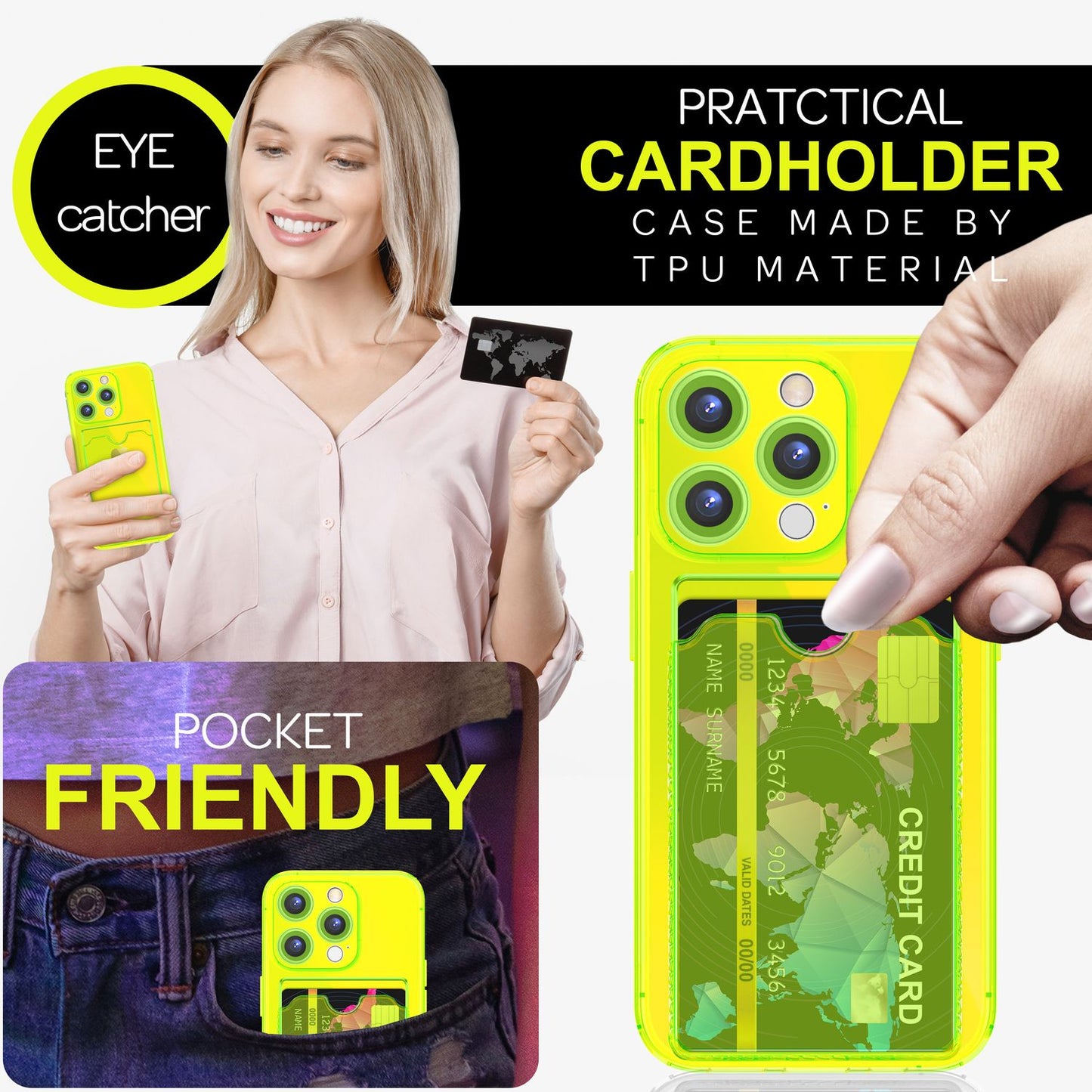 NALIA Neon Silikonhülle für iPhone 16 Pro Max – Kartenfach & Knallige Signal-Farbe – CARDPOP (Anti-Shock Handyhülle) – Marke aus Berlin