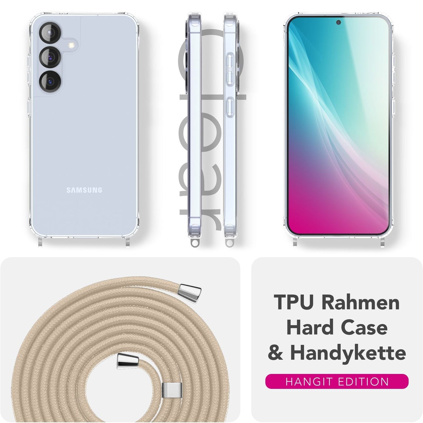 NALIA Handykette für Samsung Galaxy S25 – Transparentes Hybrid-Case & Band – HANGIT PRO (Anti-Gelb Rückseite & Verstellbar) – Marke aus Berlin