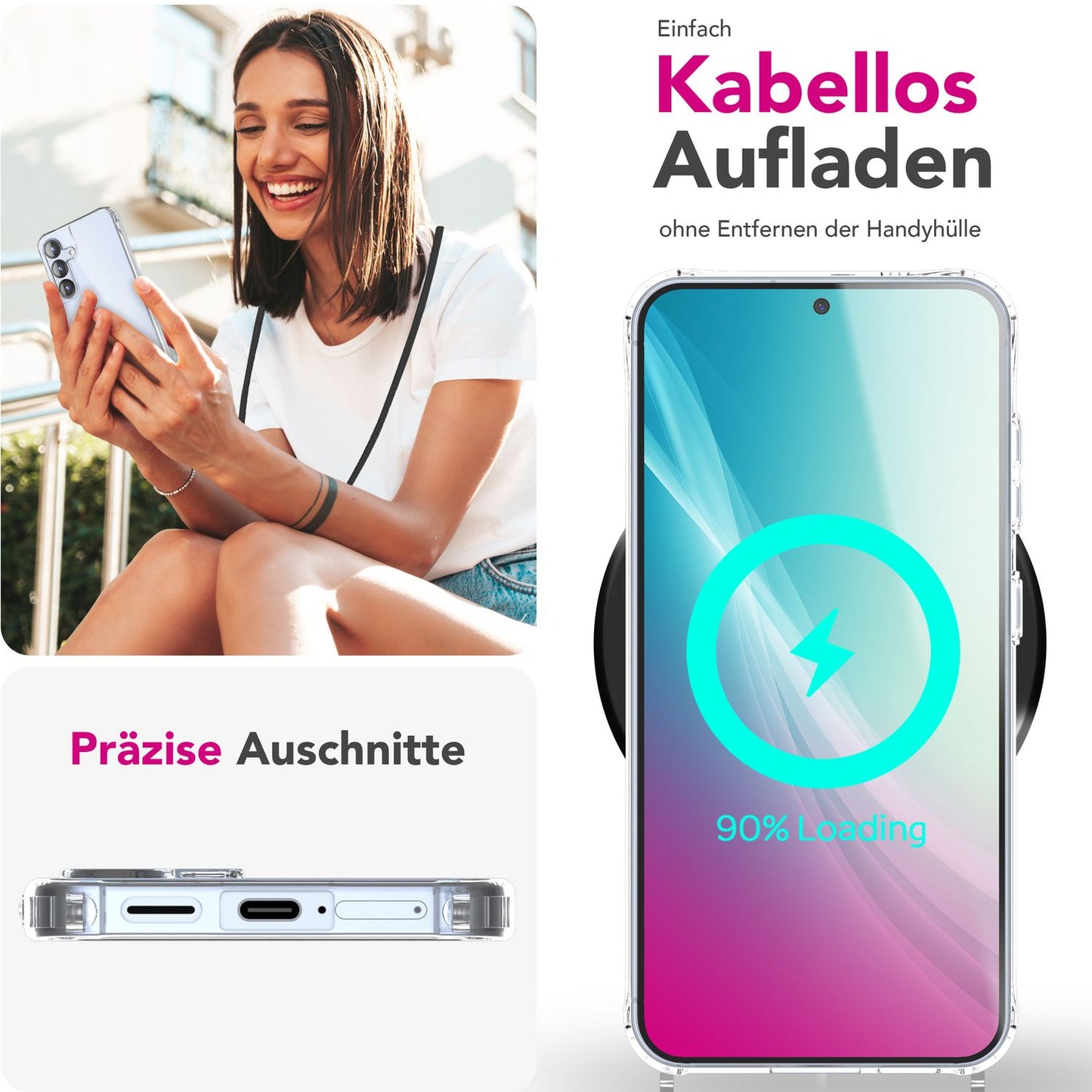 NALIA Handykette für Samsung Galaxy S25 – Transparentes Hybrid-Case & Band – HANGIT PRO (Anti-Gelb Rückseite & Verstellbar) – Marke aus Berlin