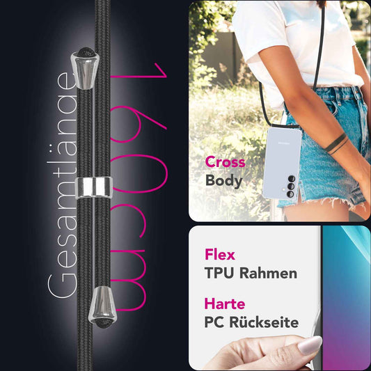 NALIA Handykette für Samsung Galaxy S25 – Transparentes Hybrid-Case & Band – HANGIT PRO (Anti-Gelb Rückseite & Verstellbar) – Marke aus Berlin