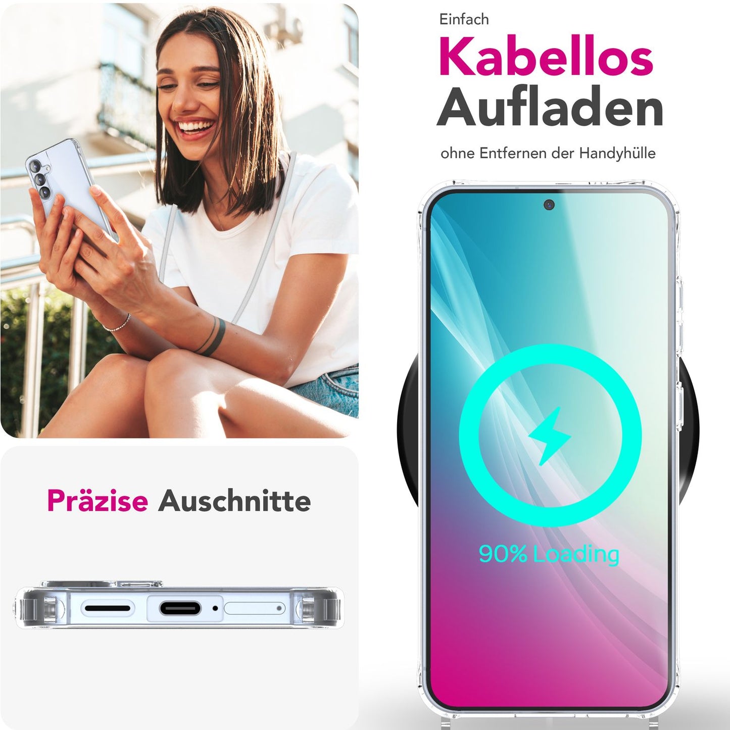 NALIA Handykette für Samsung Galaxy S25 – Transparentes Hybrid-Case & Band – HANGIT PRO (Anti-Gelb Rückseite & Verstellbar) – Marke aus Berlin
