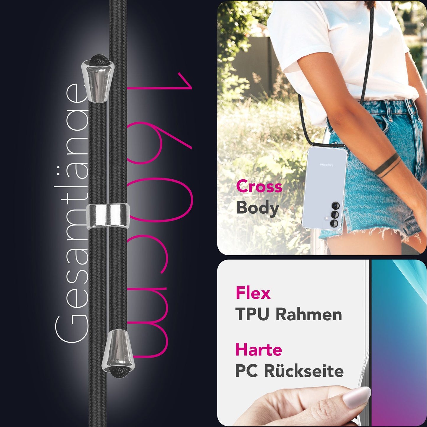 NALIA Handykette für Samsung Galaxy S25 Plus – Transparentes Hybrid-Case & Band – HANGIT PRO (Anti-Gelb Rückseite & Verstellbar) – Marke aus Berlin