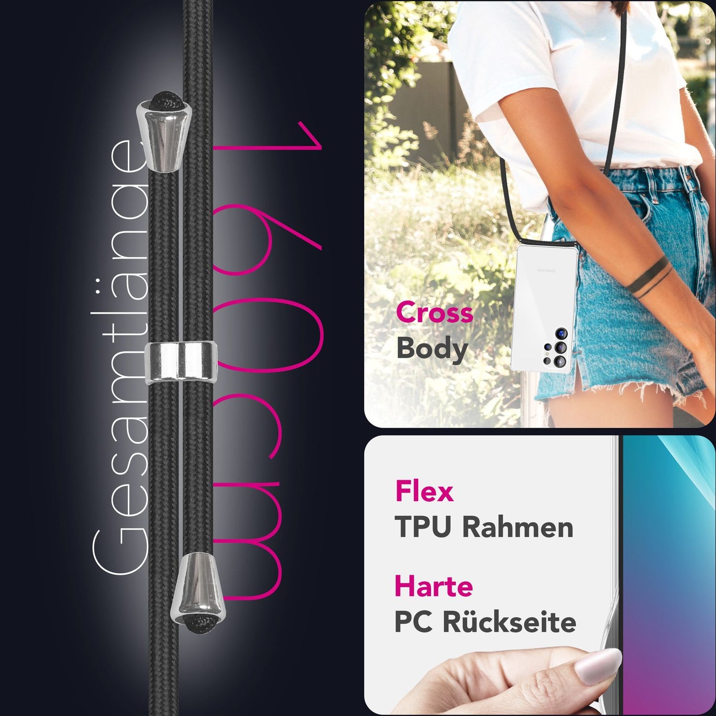 NALIA Handykette für Samsung Galaxy S25 Ultra – Transparentes Hybrid-Case & Band – HANGIT PRO (Anti-Gelb Rückseite & Verstellbar) – Marke aus Berlin