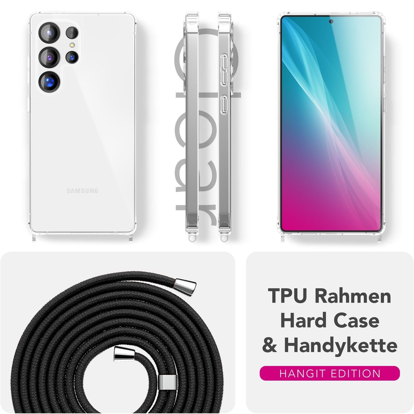 NALIA Handykette für Samsung Galaxy S25 Ultra – Transparentes Hybrid-Case & Band – HANGIT PRO (Anti-Gelb Rückseite & Verstellbar) – Marke aus Berlin