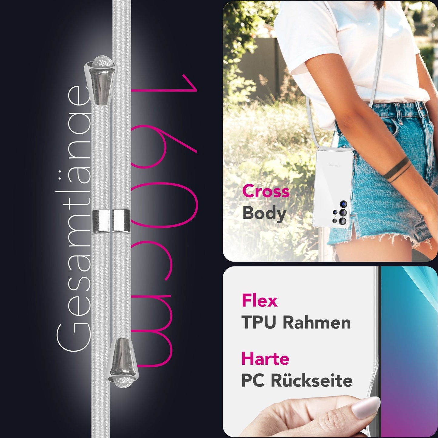 NALIA Handykette für Samsung Galaxy S25 Ultra – Transparentes Hybrid-Case & Band – HANGIT PRO (Anti-Gelb Rückseite & Verstellbar) – Marke aus Berlin
