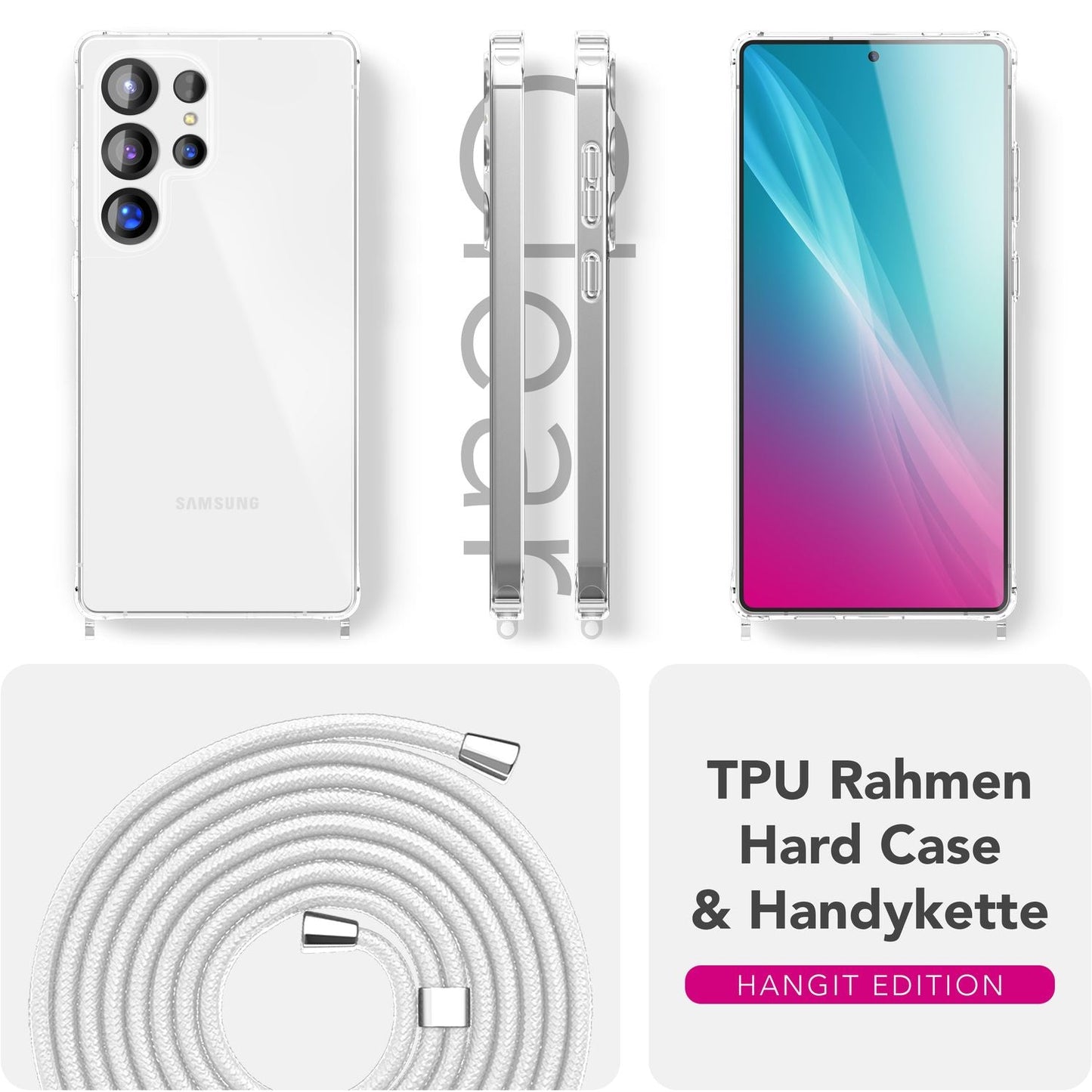 NALIA Handykette für Samsung Galaxy S25 Ultra – Transparentes Hybrid-Case & Band – HANGIT PRO (Anti-Gelb Rückseite & Verstellbar) – Marke aus Berlin