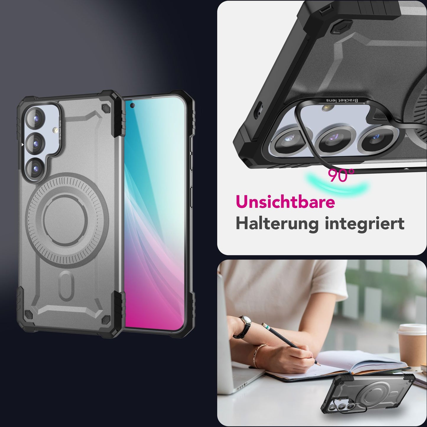 NALIA Magnetische Panzerhülle für Samsung Galaxy S25 – MagSafe kompatibel & Kamera-Stand – GRANITE (Outdoor Schutzhülle Stoßfest) – Marke aus Berlin