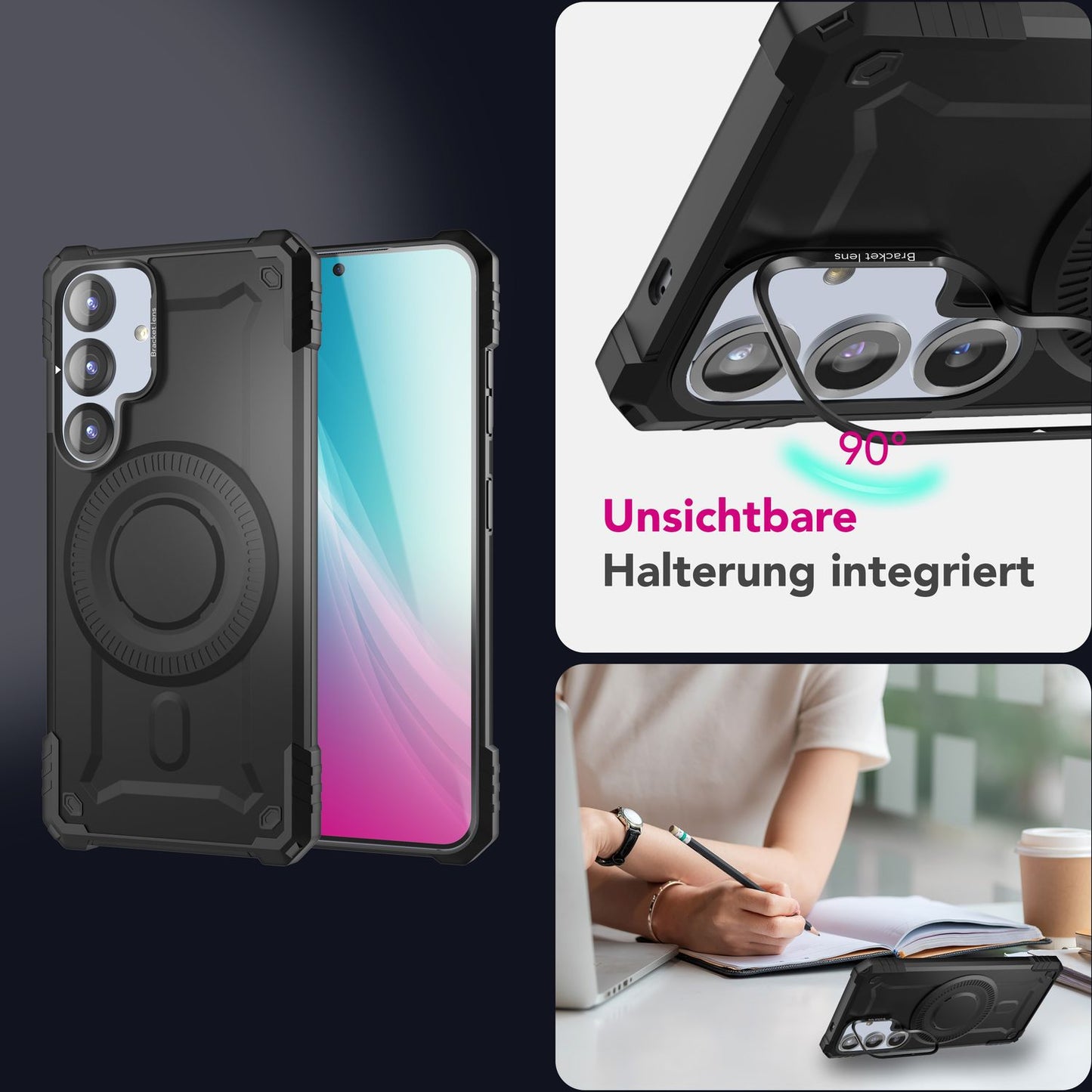 NALIA Magnetische Panzerhülle für Samsung Galaxy S25 Plus – MagSafe kompatibel & Kamera-Stand – GRANITE (Outdoor Schutzhülle Stoßfest) – Marke aus Berlin