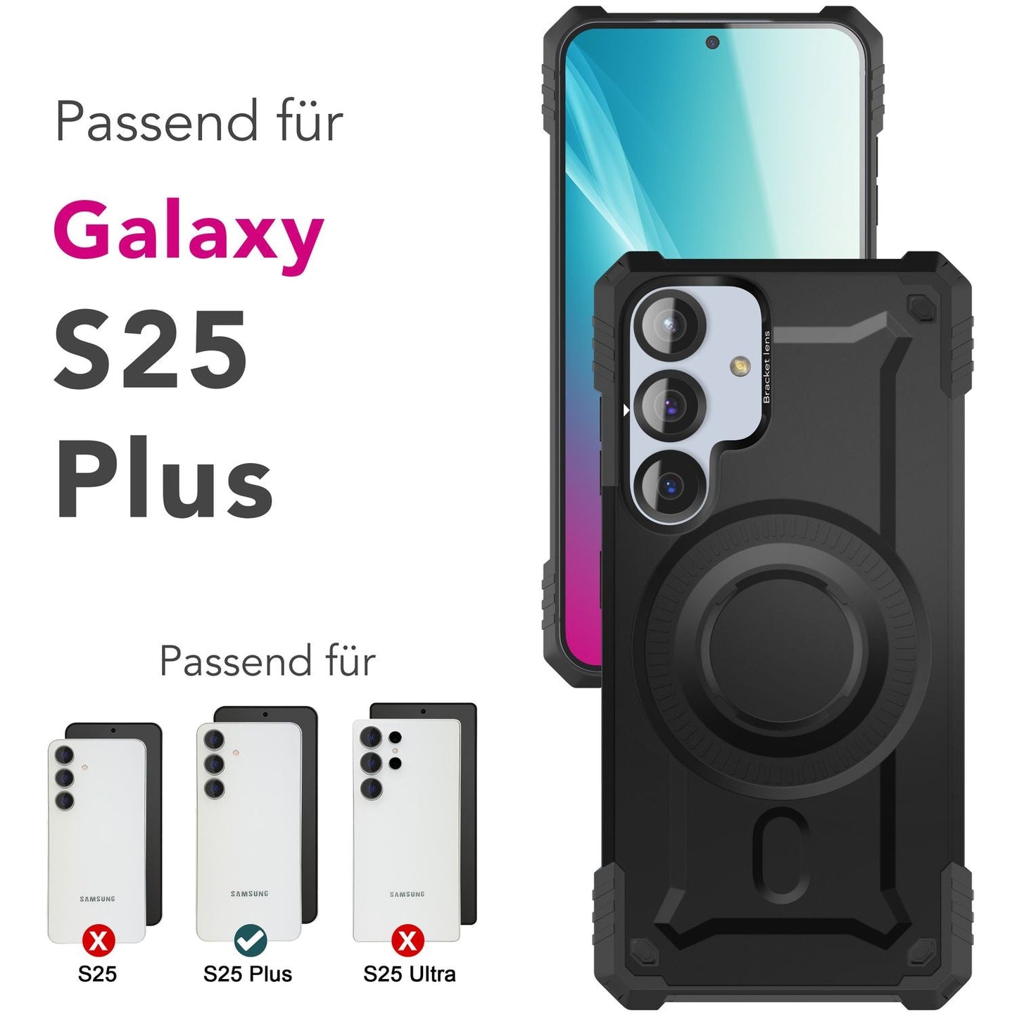 NALIA Magnetische Panzerhülle für Samsung Galaxy S25 Plus – MagSafe kompatibel & Kamera-Stand – GRANITE (Outdoor Schutzhülle Stoßfest) – Marke aus Berlin