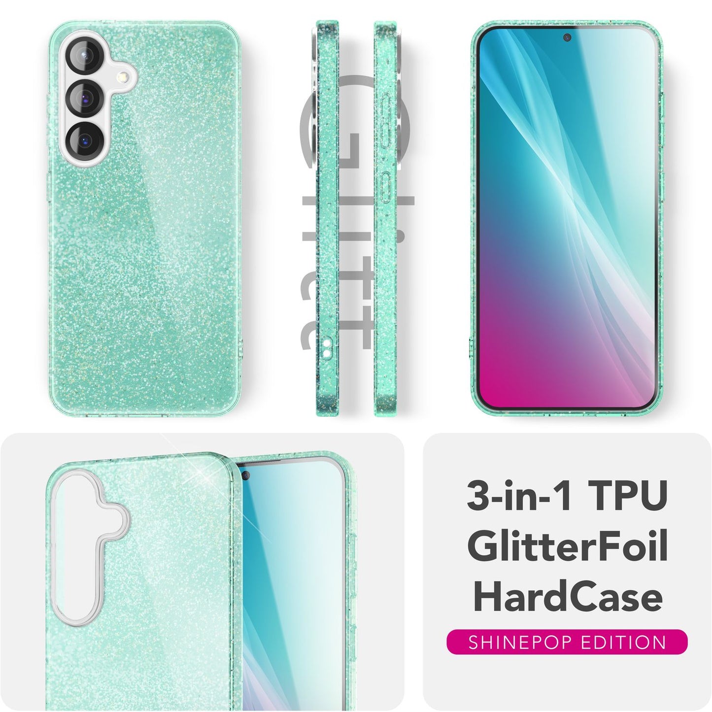 NALIA Glitzerhülle für Samsung Galaxy S25 – Funkelnder Glitzer-Look & Grip – SHINEPOP (Silikon Case) – Marke aus Berlin